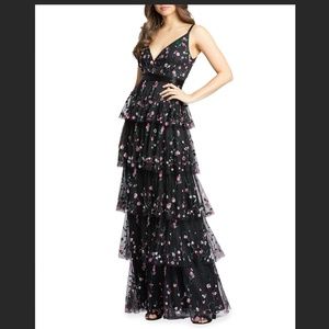 MAC DUGGAL Floral Embellished Ruffle-tiered Gown In Black Multi